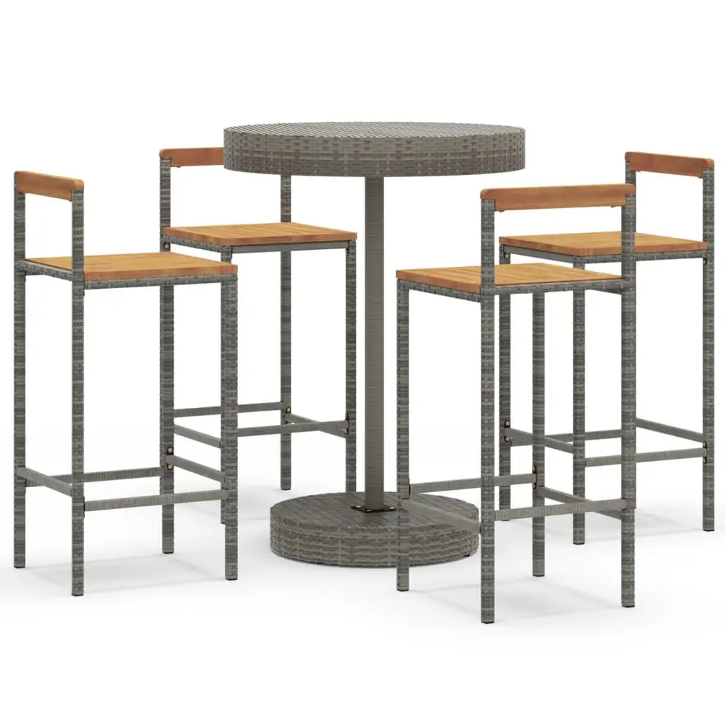 5 Piece Patio Bar Set Gray Poly Rattan and Solid Wood Acacia Outdoor