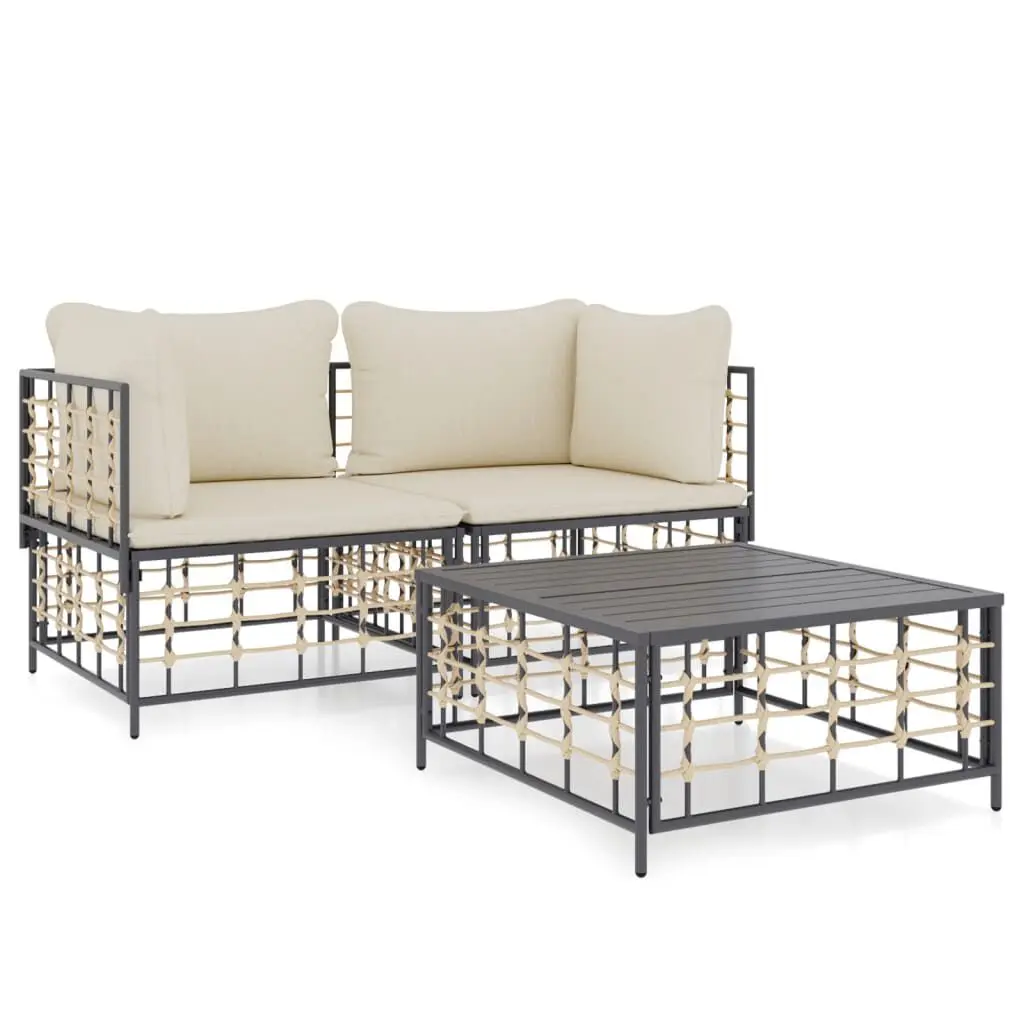 3 Piece Patio Lounge Set Cushions Anthracite Poly Rattan Outdoor Seating