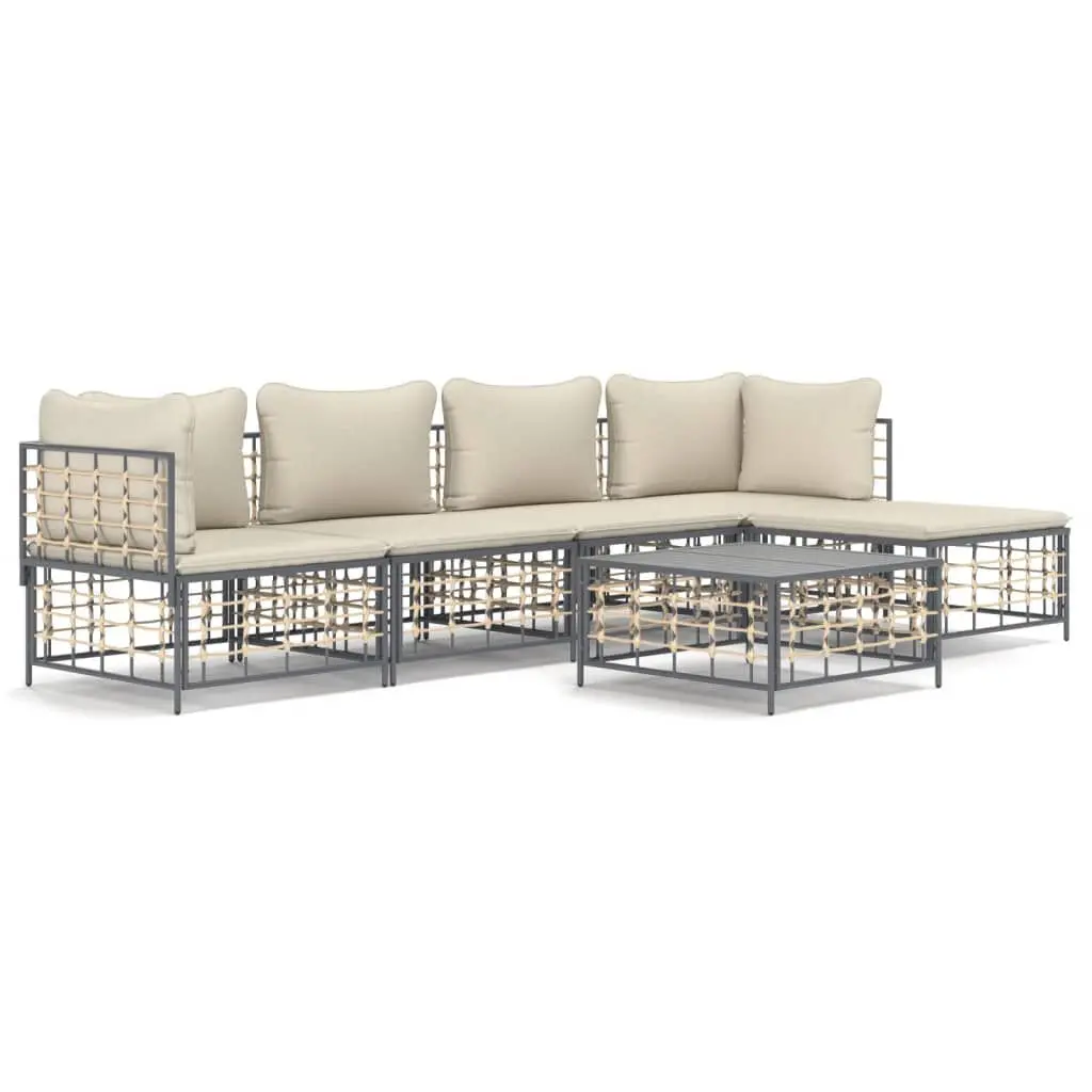 6 Piece Patio Lounge Set Cushions Anthracite Poly Rattan Outdoor