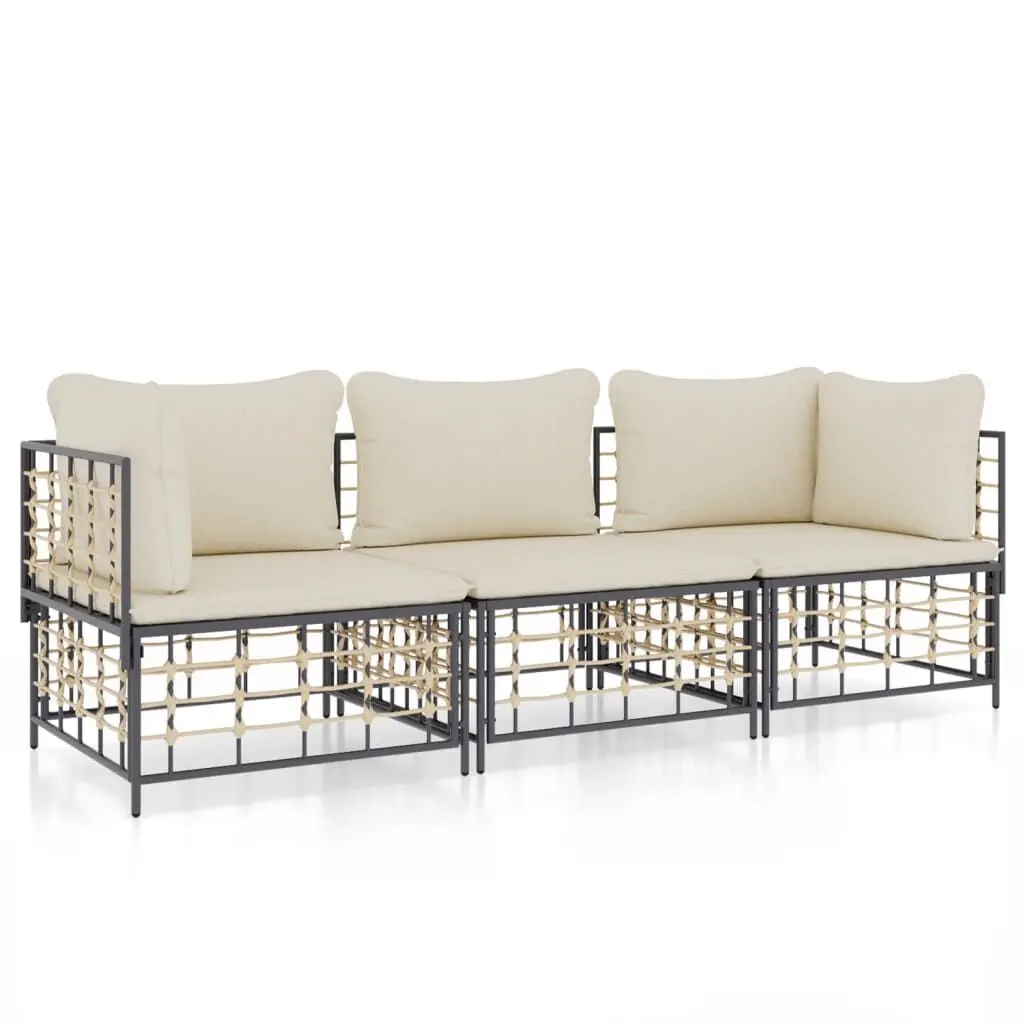 3 Piece Patio Lounge Set Cushions Anthracite Poly Rattan Outdoor Furniture