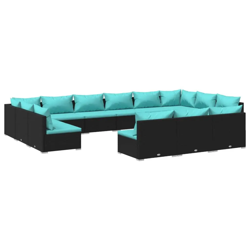 13 Piece Patio Lounge Set Cushions Black Poly Rattan Outdoor Furniture