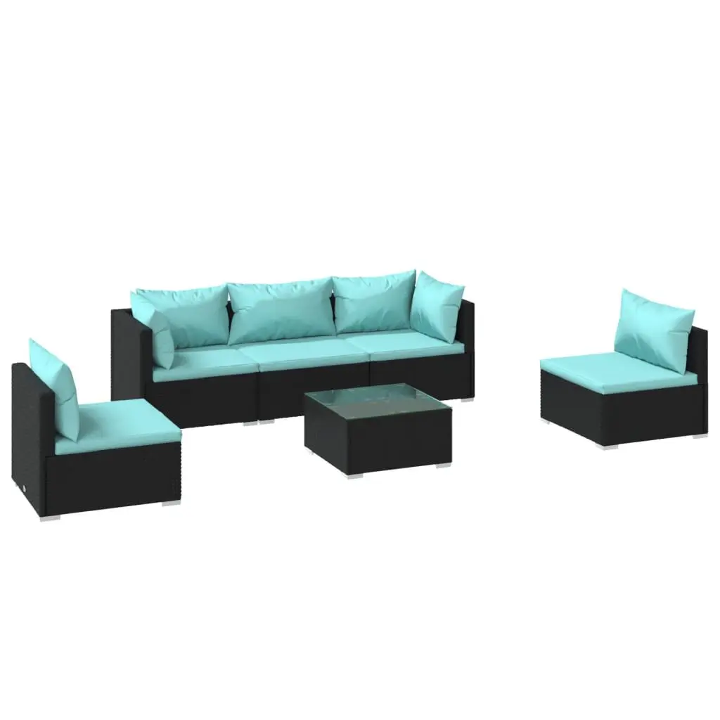 6 Piece Patio Lounge Set Cushions Black Poly Rattan Outdoor Furniture