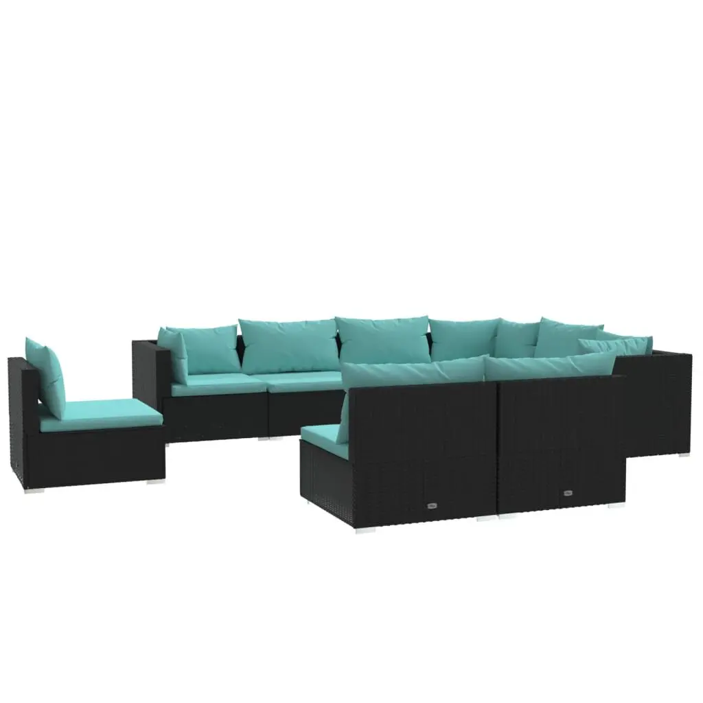 9 Piece Patio Lounge Set Cushions Black Poly Rattan Outdoor Furniture