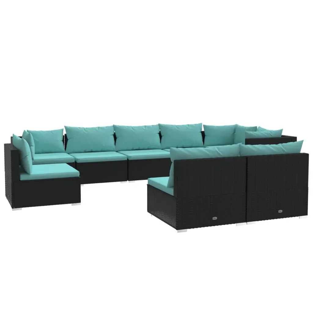 9 Piece Patio Lounge Set Cushions Black Poly Rattan Outdoor Furniture