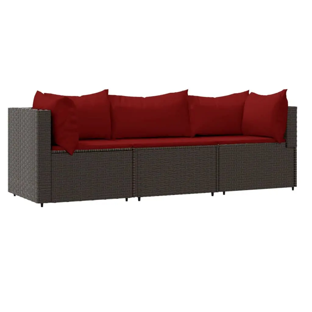 3 Piece Patio Lounge Set Cushions Brown Poly Rattan Outdoor Conversation Set