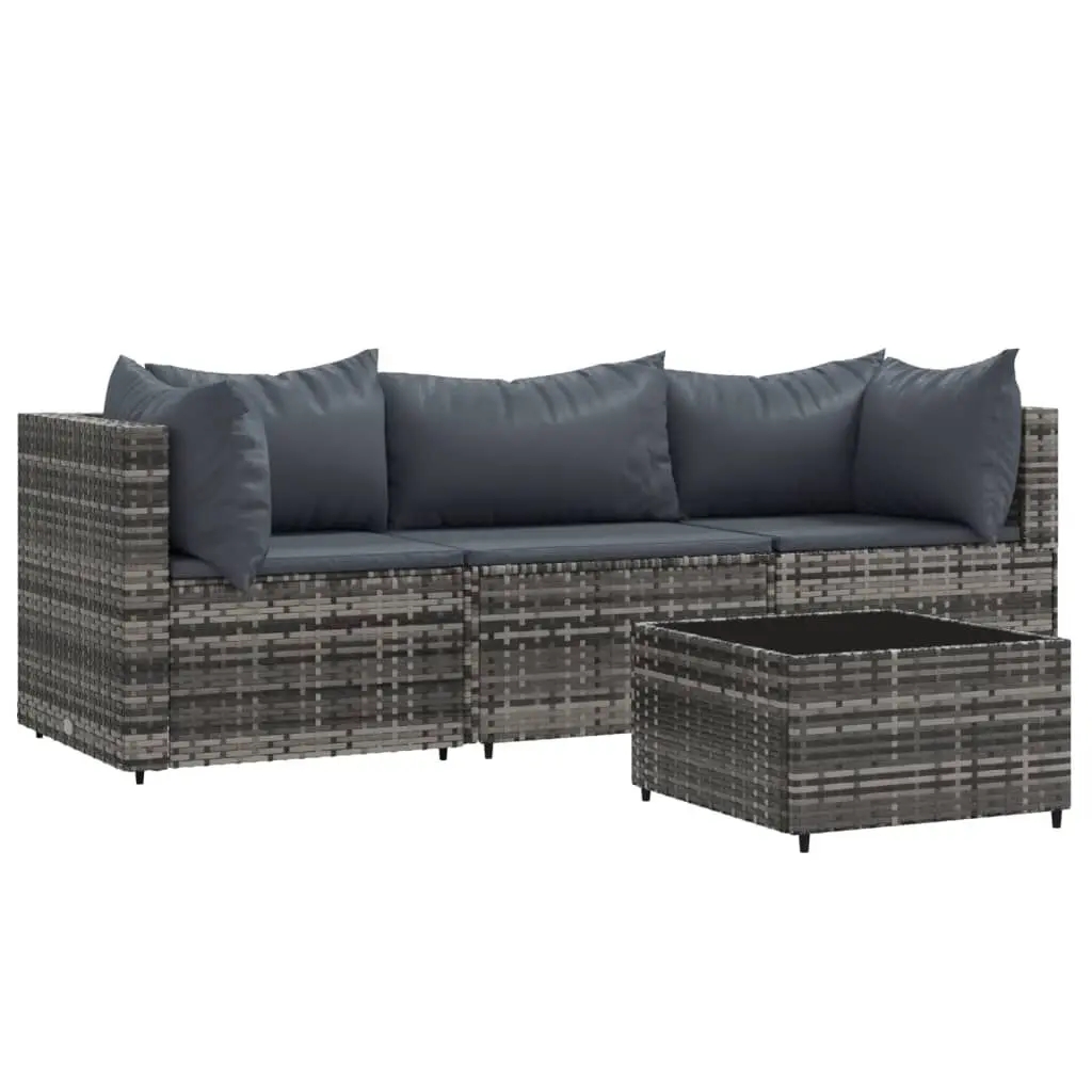 4 Piece Patio Lounge Set Cushions Gray Poly Rattan Outdoor Furniture