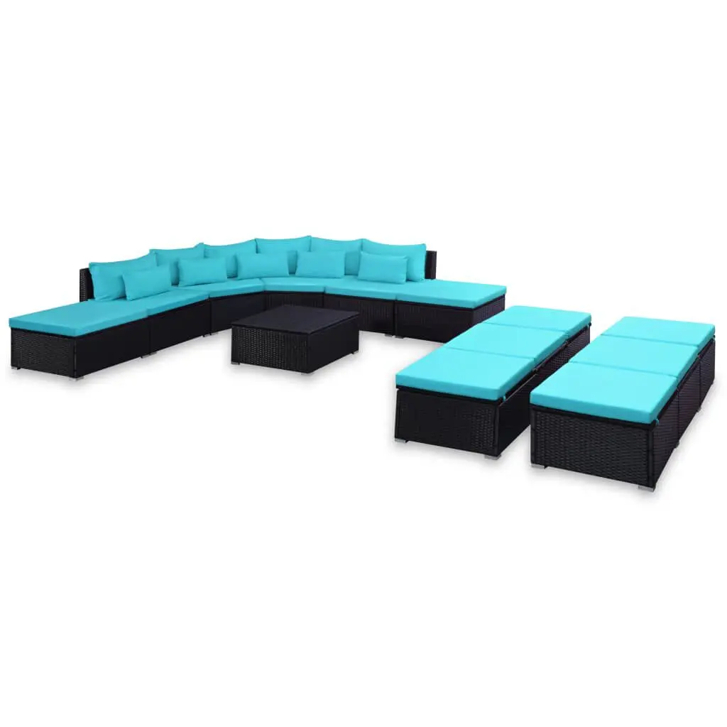 9 Piece Patio Lounge Set Cushions Poly Rattan Blue Outdoor
