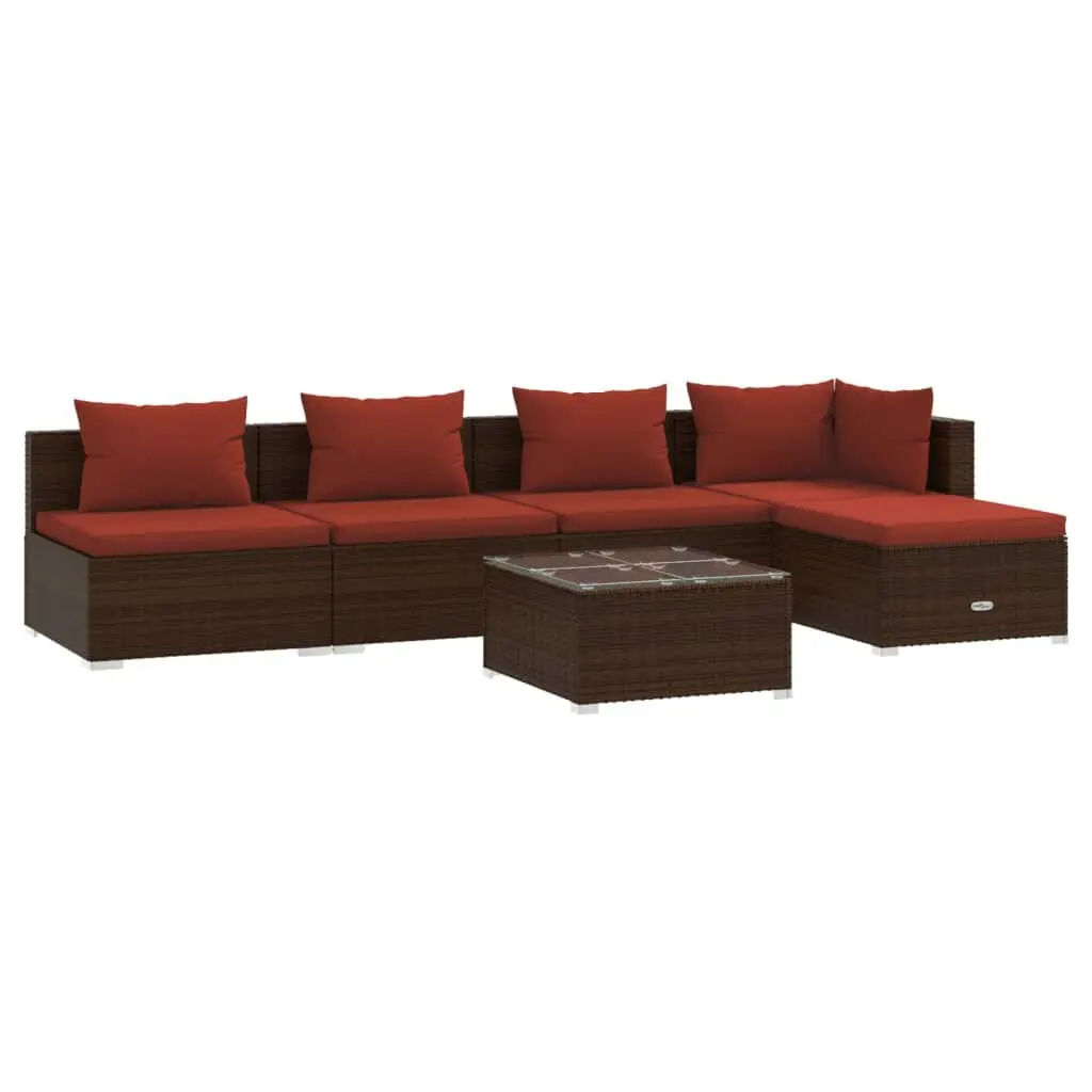 6 Piece Patio Lounge Set Cushions Poly Rattan Brown