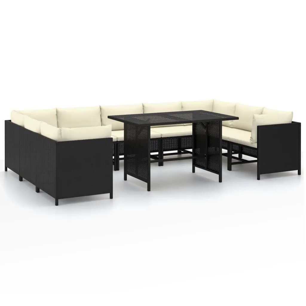 10 Piece Patio Lounge Set Cushions Poly Rattan Black Outdoor Furniture