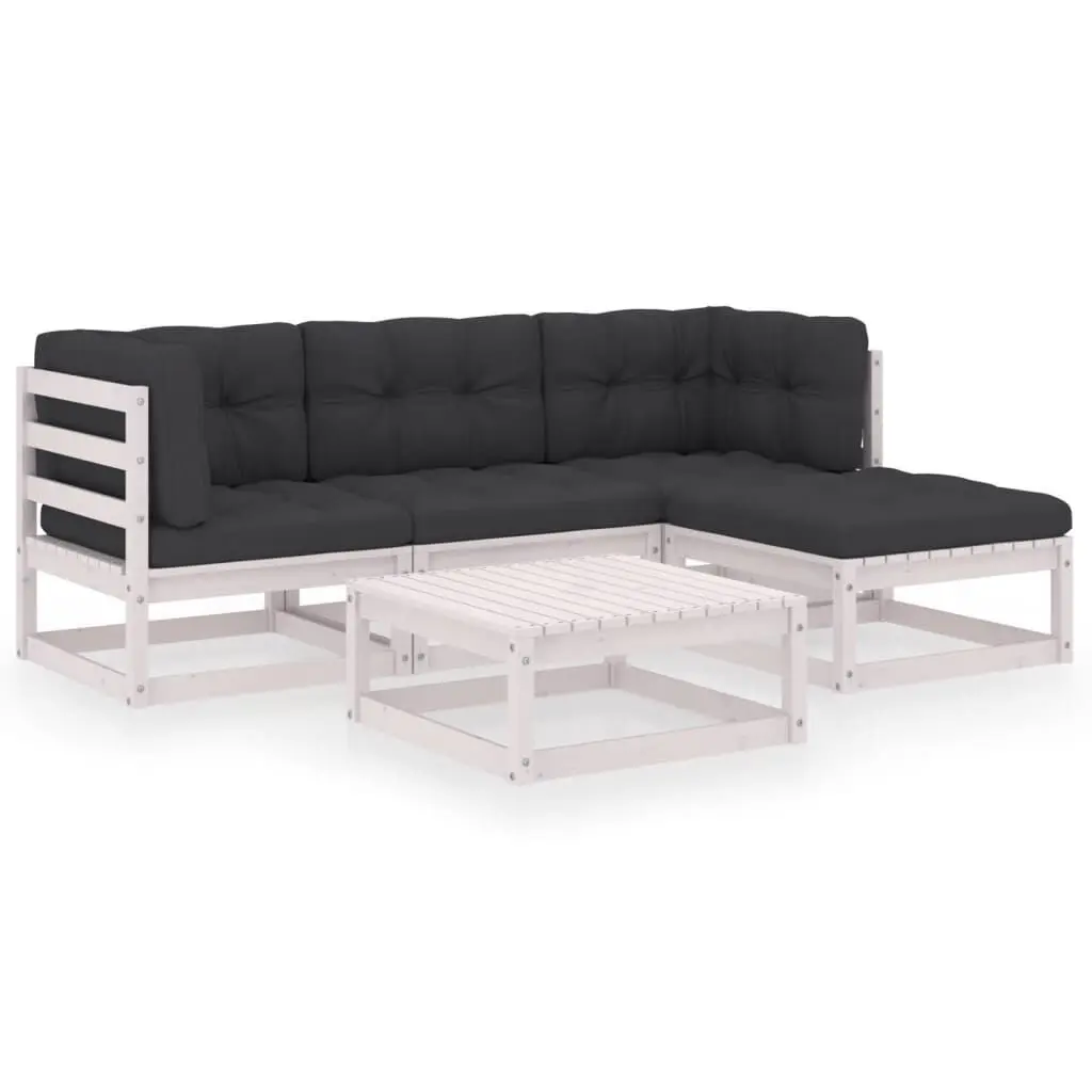 5 Piece Patio Lounge Set Cushions - Solid Wood Pine