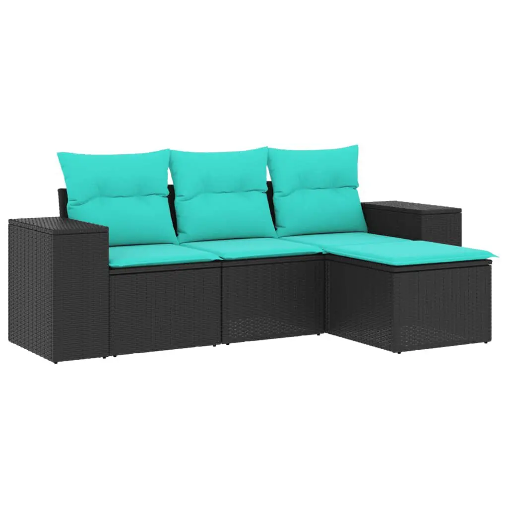 4 Piece Patio Sofa Set Black Poly Rattan Cushions Outdoor Furniture