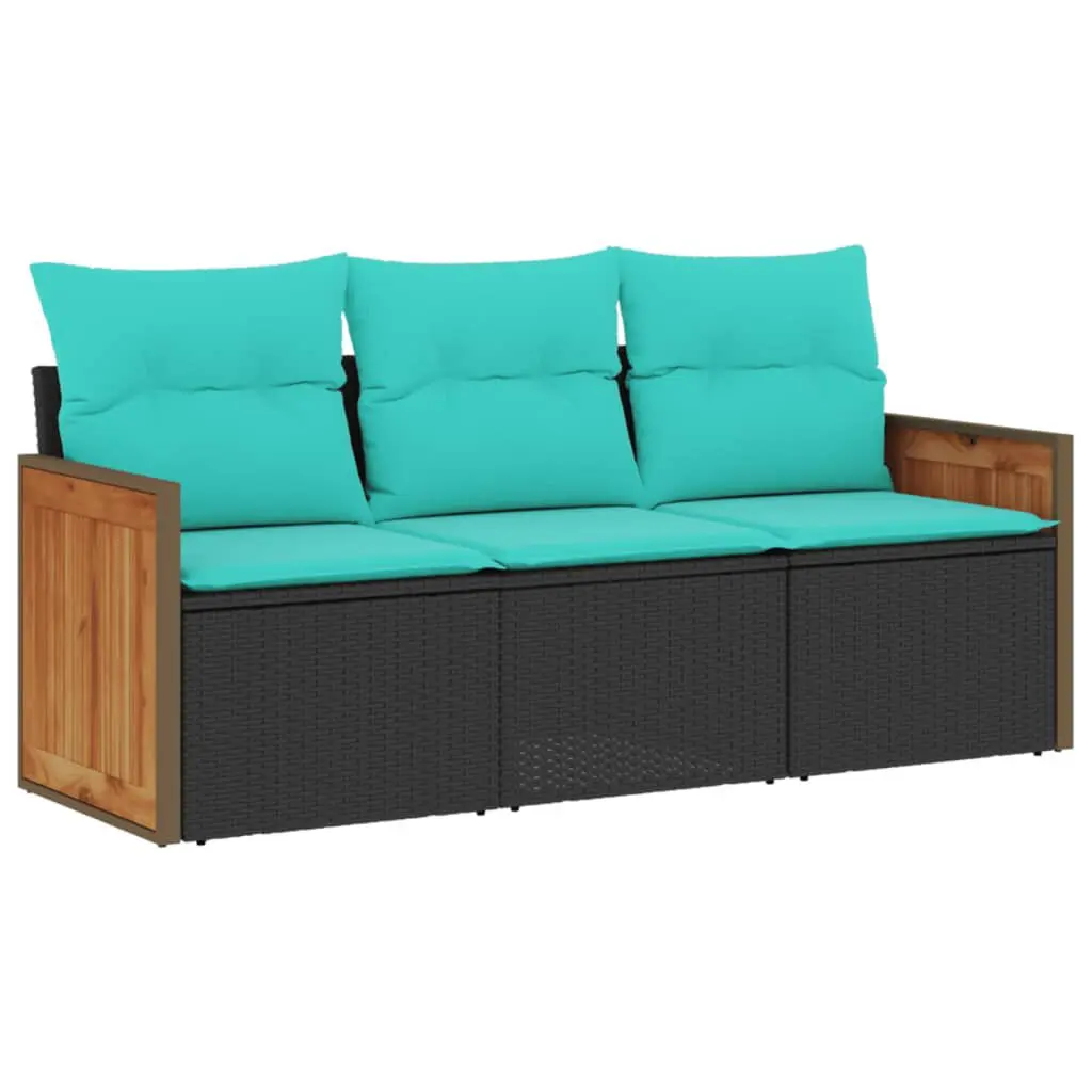 3 Piece Patio Sofa Set Black Poly Rattan Cushions Outdoor Furniture