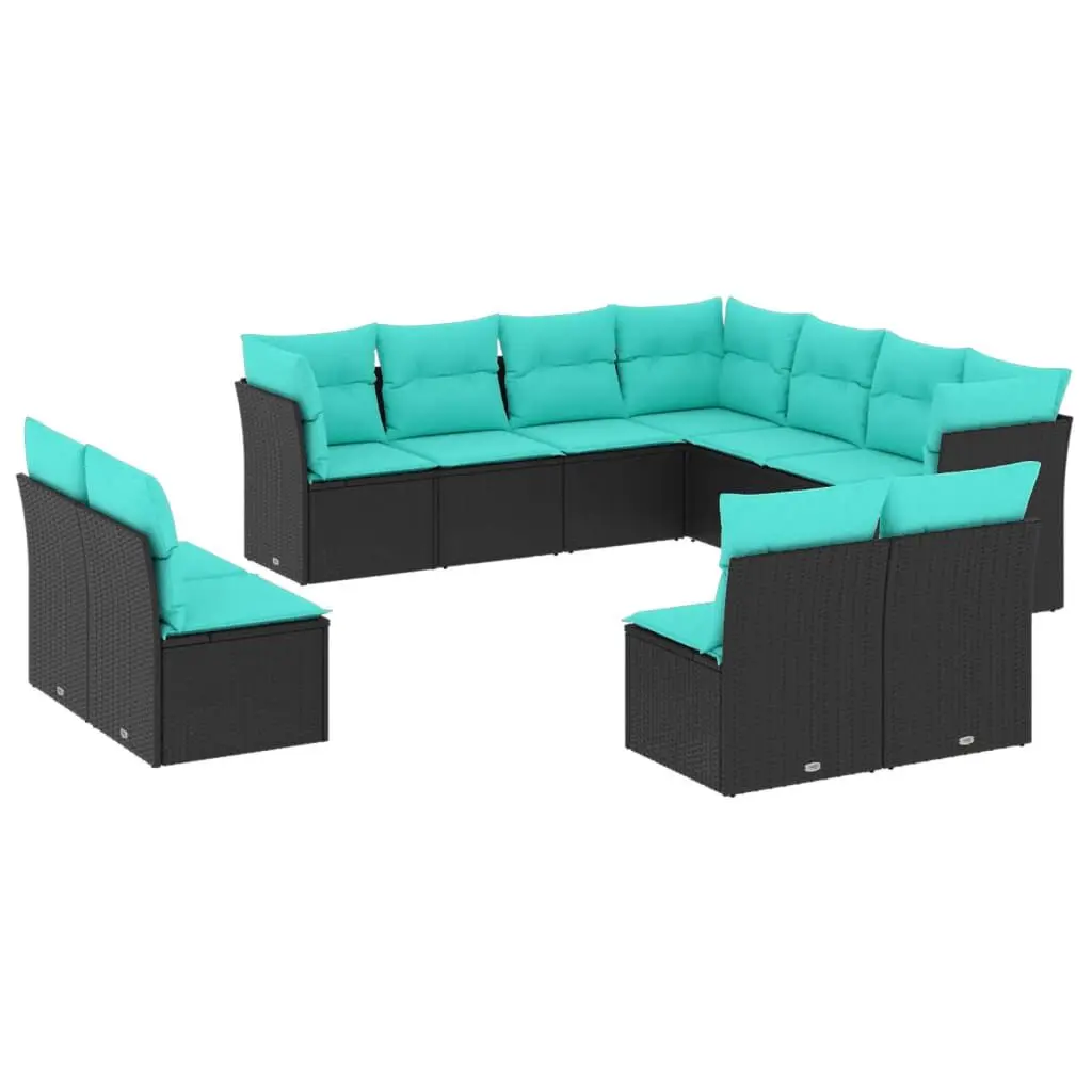 11 Piece Patio Sofa Set Black Poly Rattan Cushions Outdoor Furniture