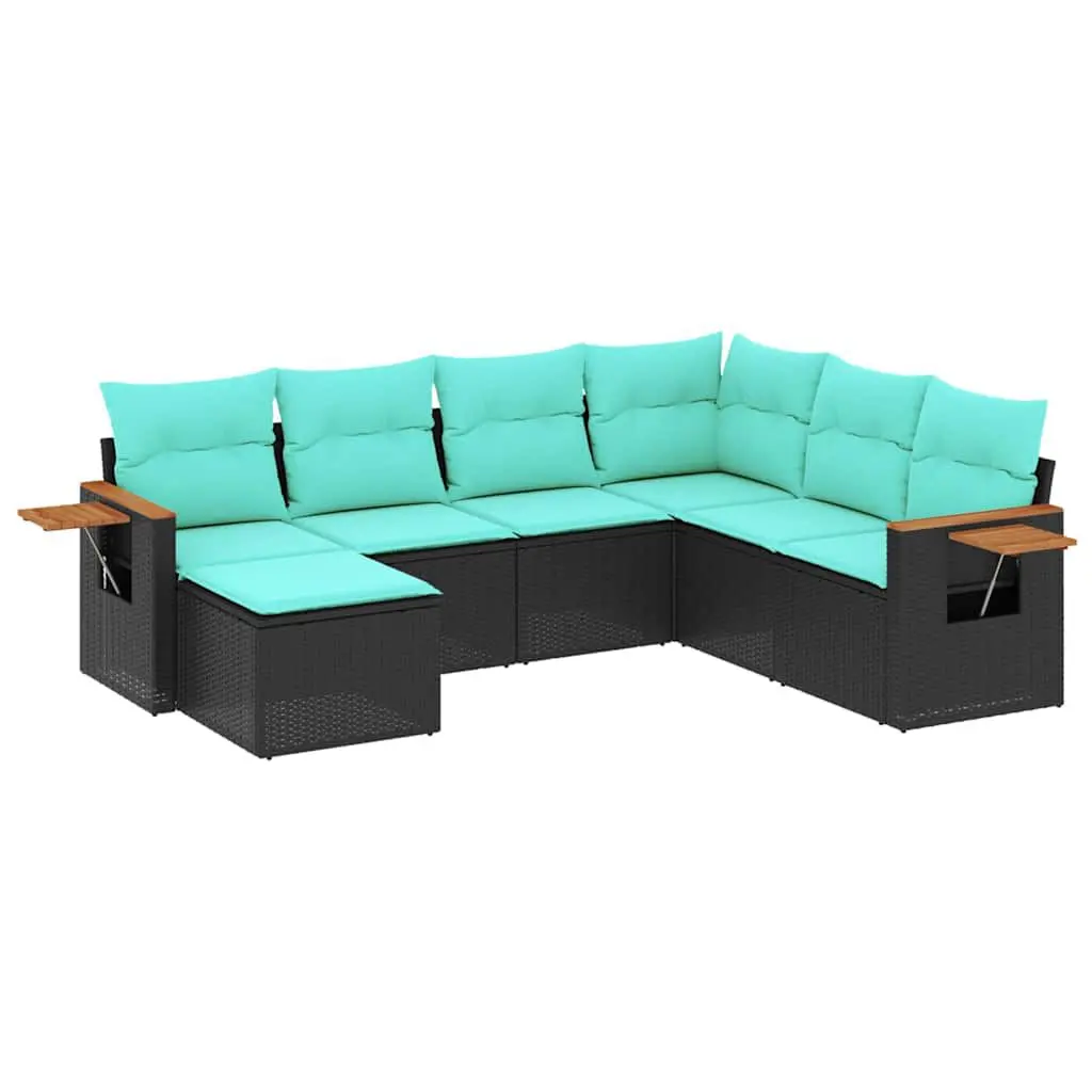 7 Piece Patio Sofa Set Black Poly Rattan Cushions Outdoor Furniture
