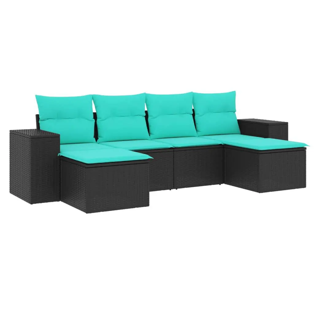 6 Piece Patio Sofa Set Cushions Black Poly Rattan Outdoor Furniture