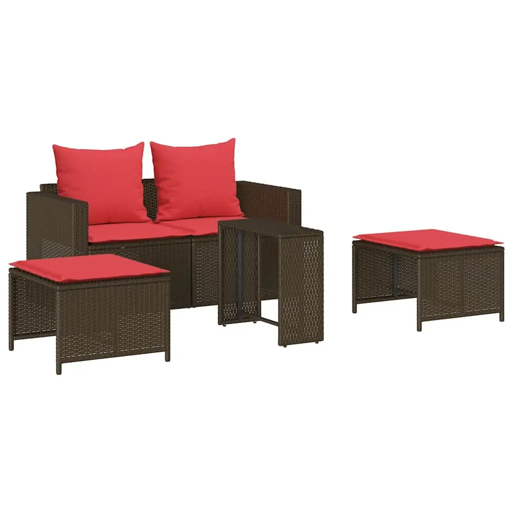 5 Piece Patio Sofa Set Cushions Stackable Brown Poly Rattan Outdoor
