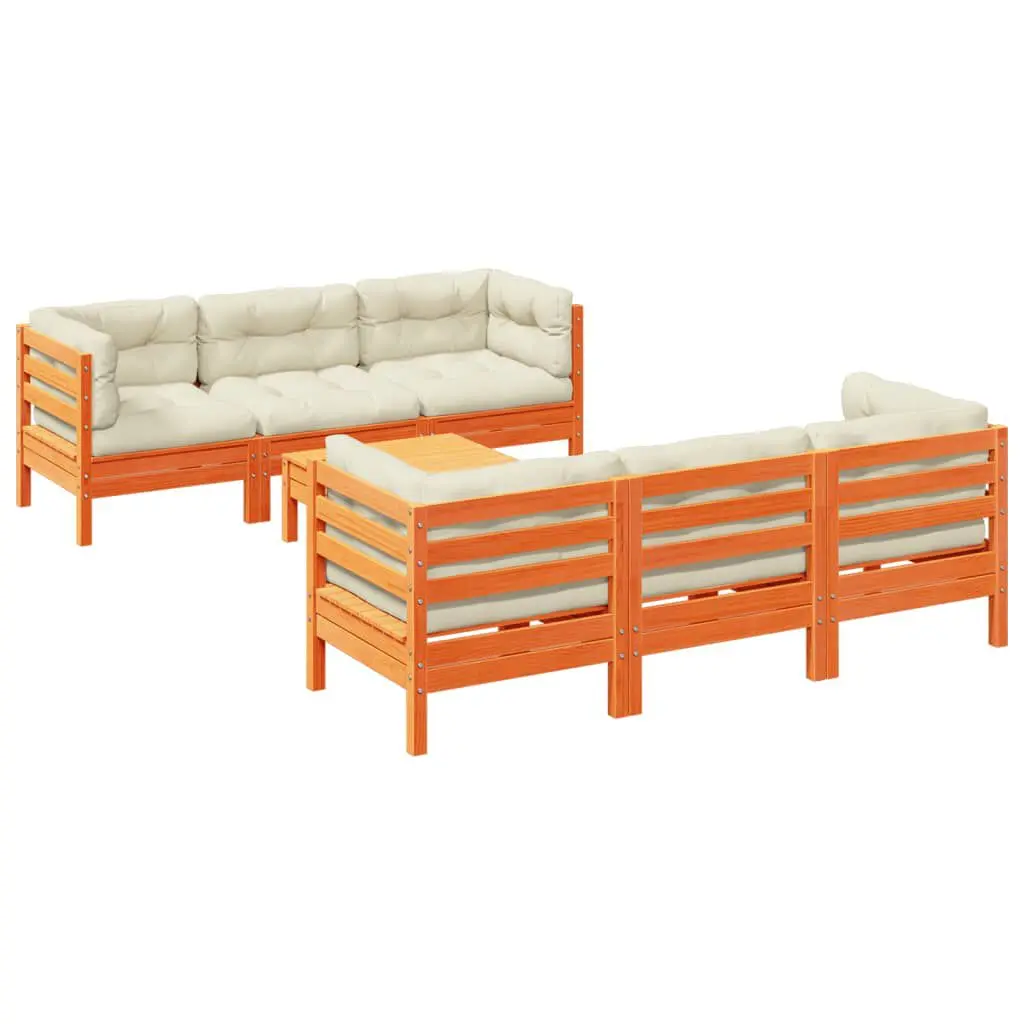 7 Piece Patio Sofa Set Cushions Wax Brown Solid Wood Pine