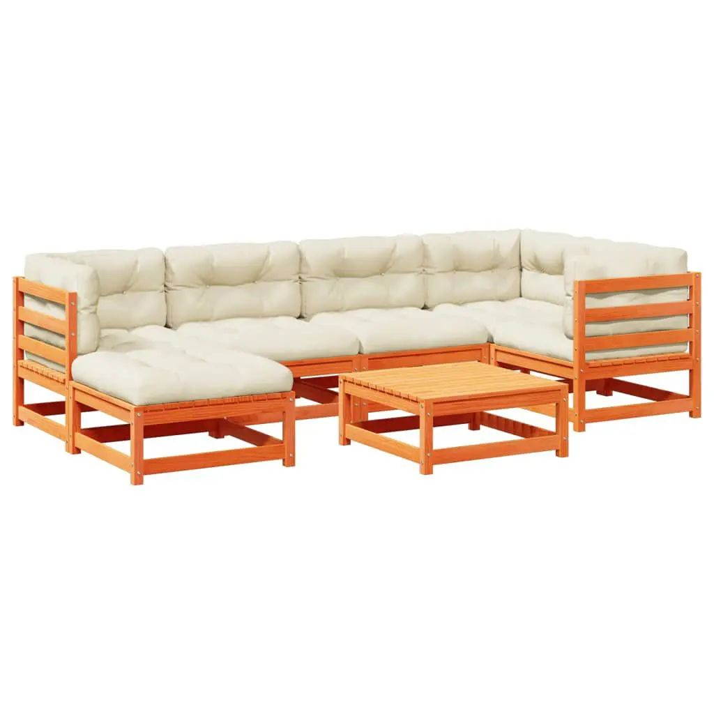 7 Piece Patio Sofa Set Cushions Wax Brown Solid Wood Pine Outdoor Furniture