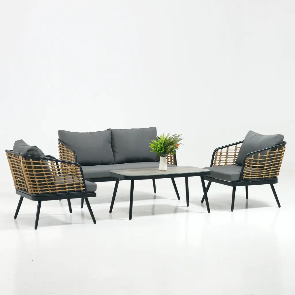 4 Piece Patio Furniture Set PE Rattan Wicker Outdoor Sofa Set tenway