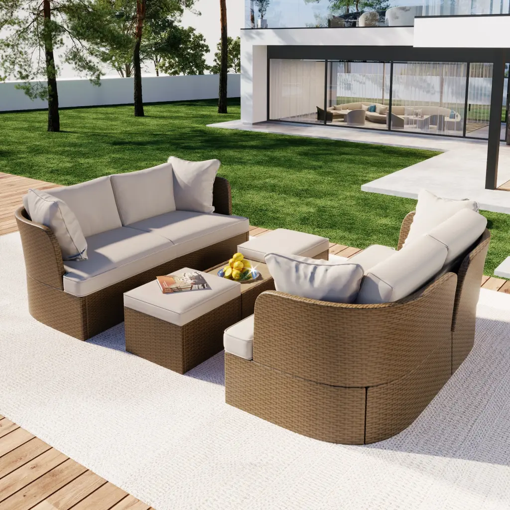 Adjustable Outdoor Patio Decor Set, Wicker Decor Sofa Set Cushions u_style