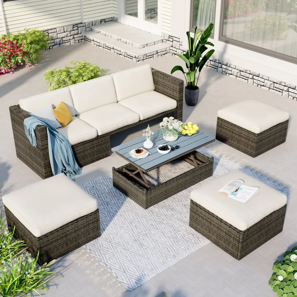 5 Piece Patio Wicker Sofa Set Adjustable Backrest Outdoor Conversation Set u_style