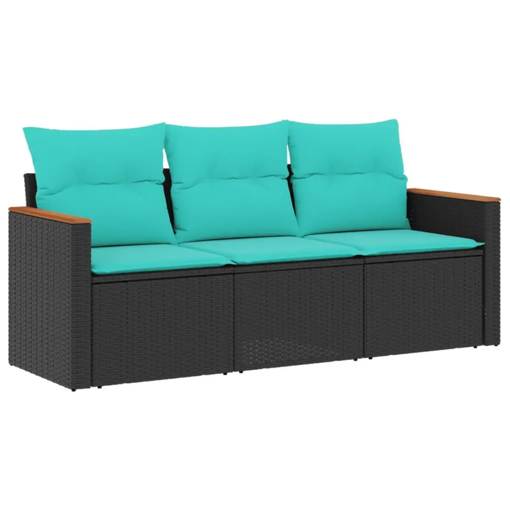 3 Piece Patio Sofa Set Black Poly Rattan Outdoor Lounge Cushions