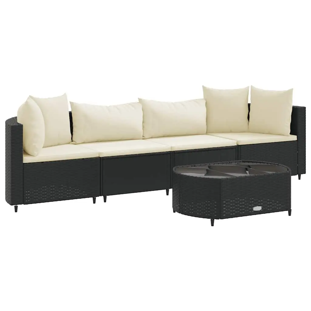 5 Piece Patio Sofa Set Cushions Black Poly Rattan Outdoor Living Room Set