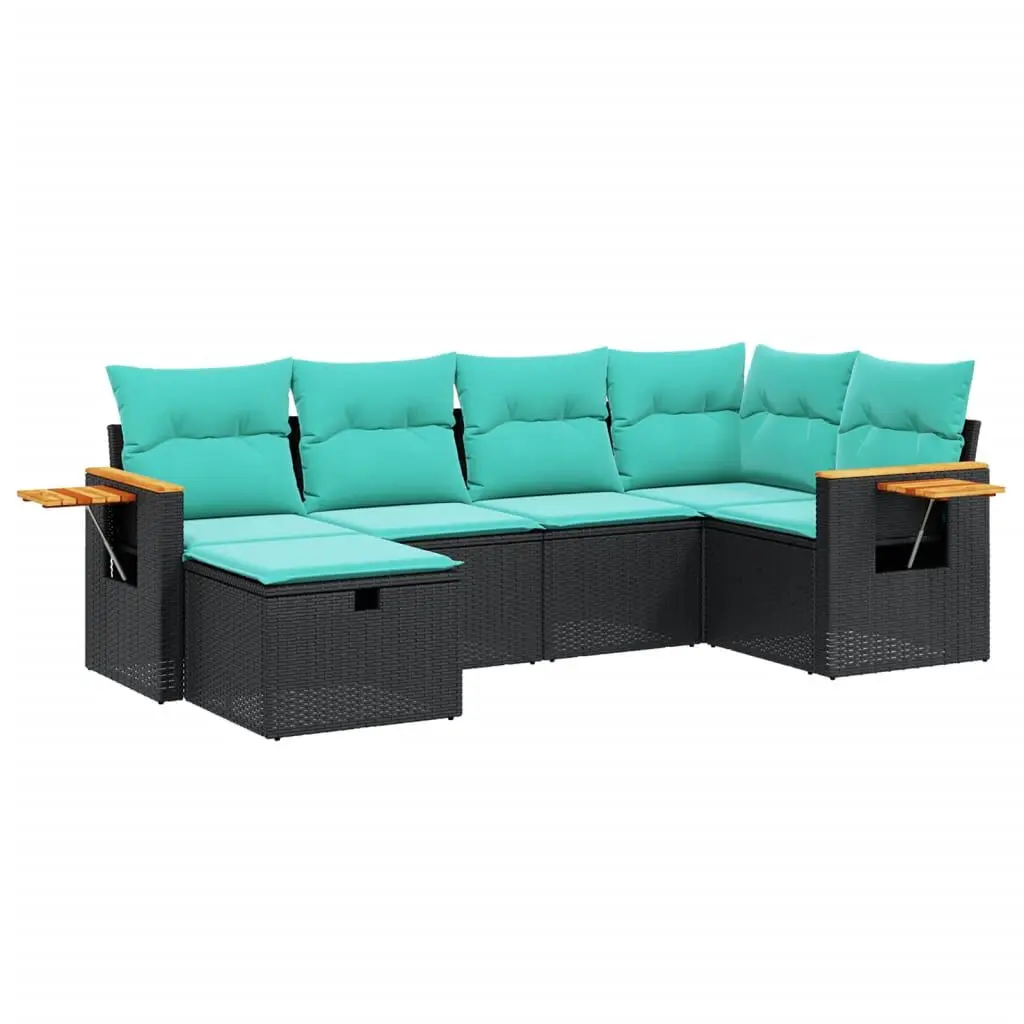6 Piece Patio Sofa Set Cushions Black Poly Rattan Outdoor Furniture