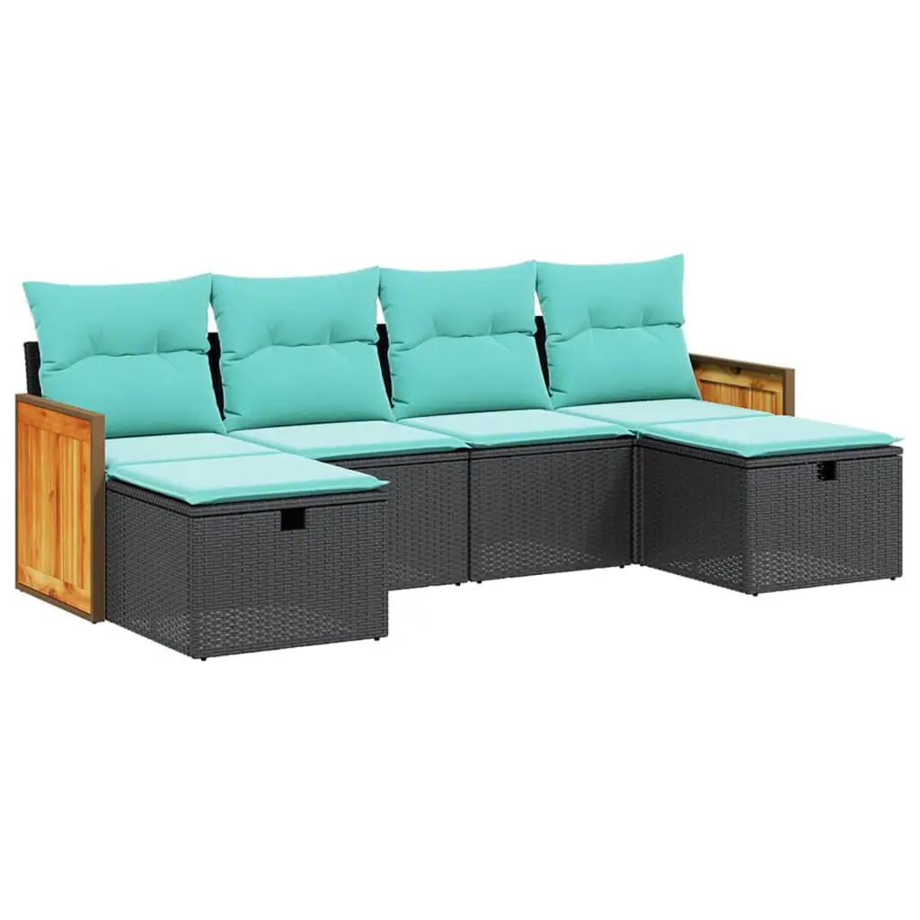 6 Piece Patio Sofa Set Cushions Black Poly Rattan Outdoor Furniture