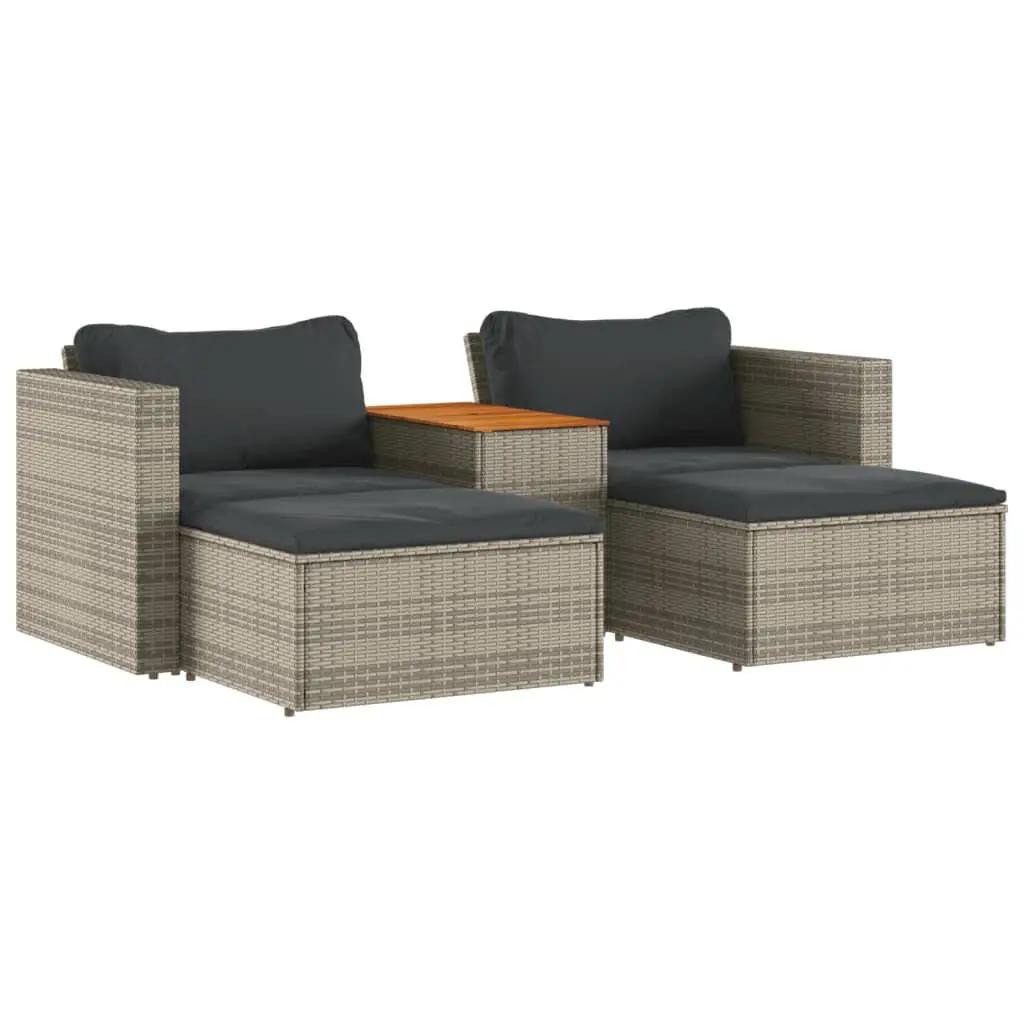 5 Piece Patio Sofa Set Cushions Gray Poly Rattan Acacia Outdoor Furniture