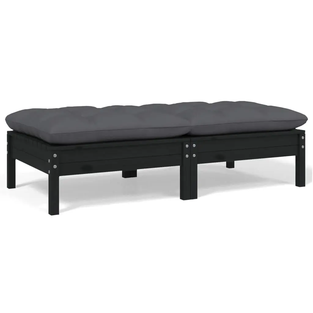Black 2-Seater Patio Sofa Cushions Solid Pinewood Frame