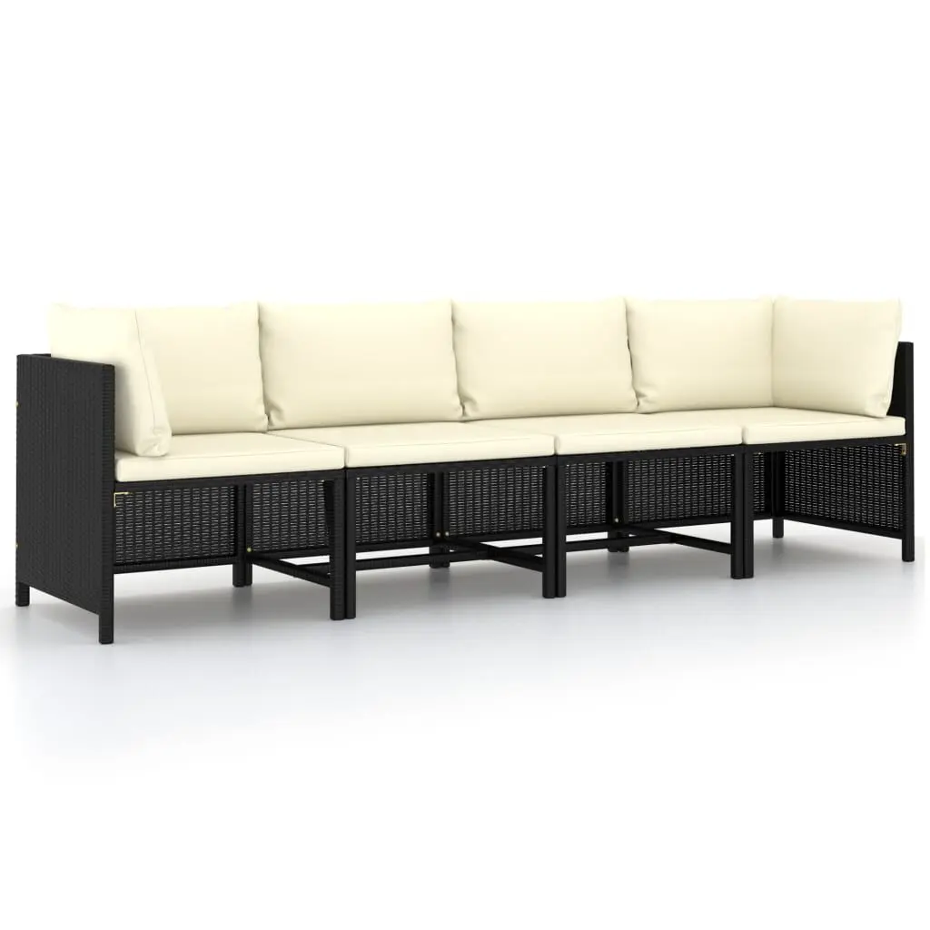 Black 4-Seater Patio Sofa Cushions Poly Rattan