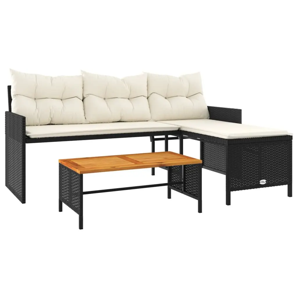 Black Poly Rattan L-Shaped Patio Sofa Table and Cushions Outdoor Living