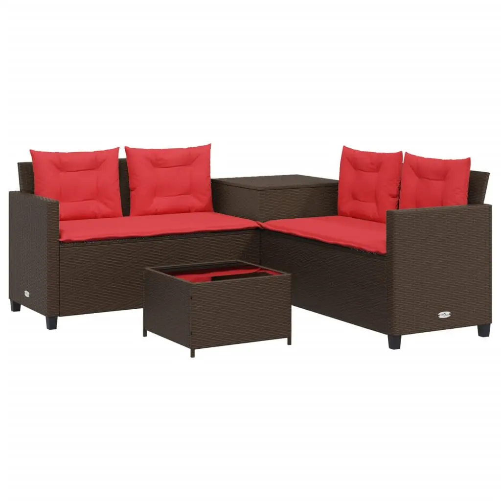 L-Shaped Patio Sofa Set Table and Cushions Brown Poly Rattan Outdoor Furniture