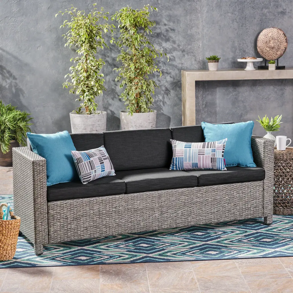 Puerta 3-Seater Black Grey PE Rattan Iron Outdoor Sofa - Patio Furniture nh-perfect home