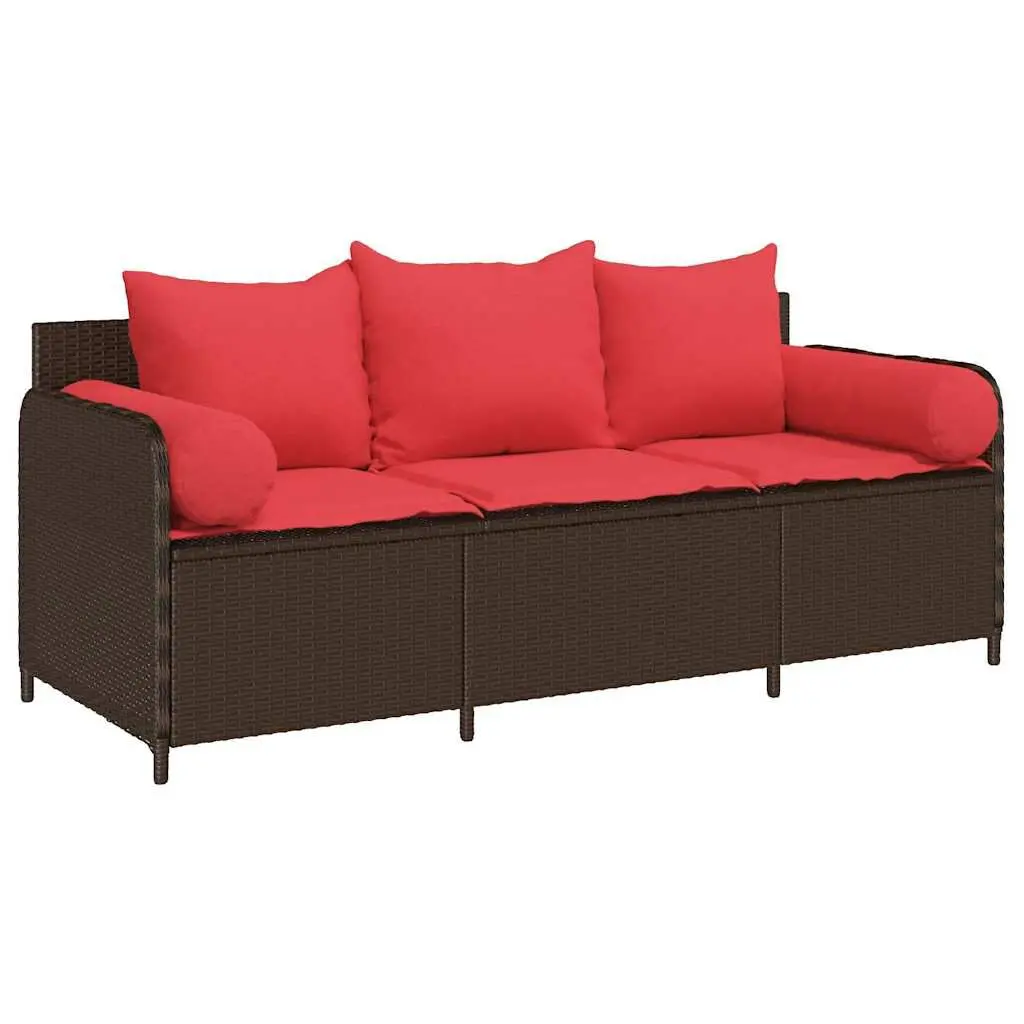Patio Sofa 3-Seater Brown Poly Rattan Cushions Outdoor Lounge Furniture