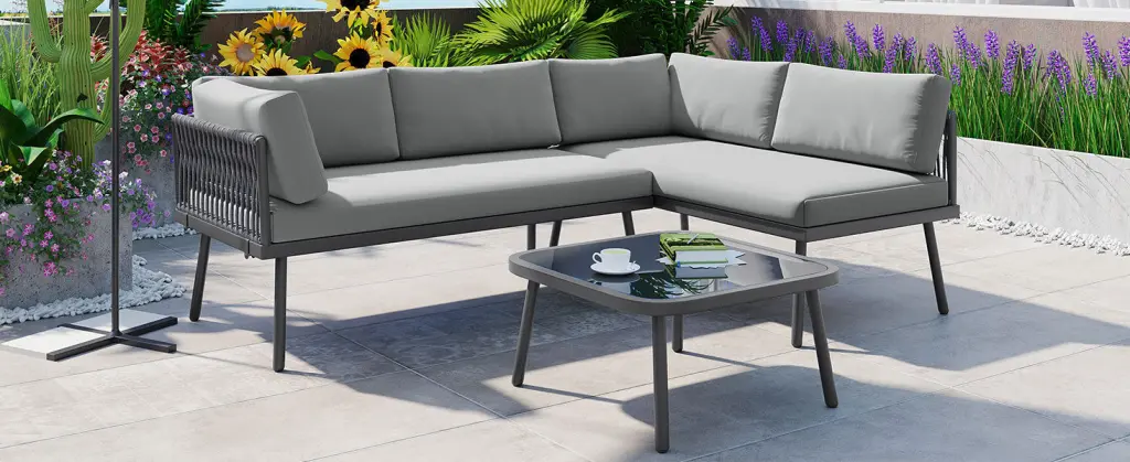 Modern Outdoor 3 Piece Pe Rattan Sofa Set All Weather Patio Metal Sectional rnb