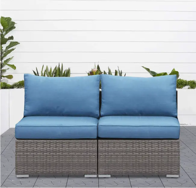 2 Piece Outdoor Patio Armless Sofa Set Blue PE Rattan Water Resistance tradeber