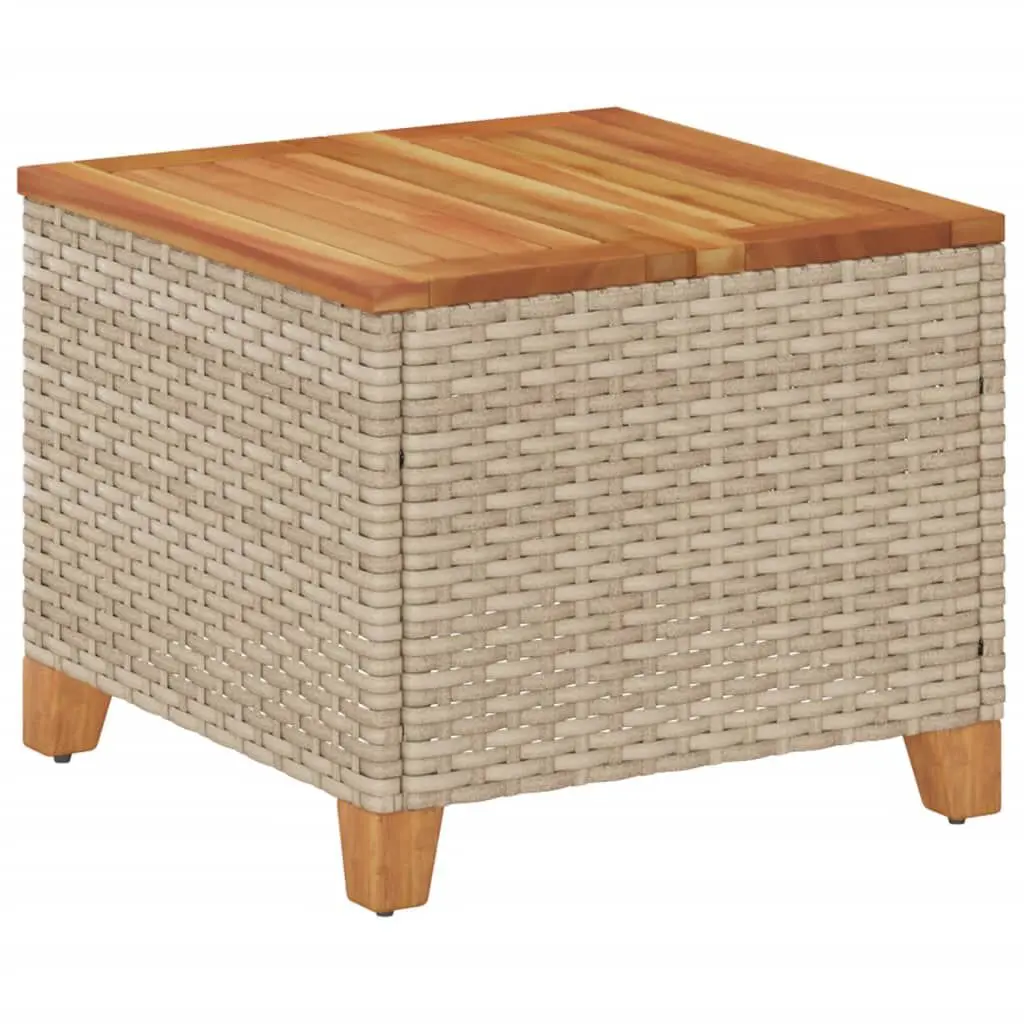 Beige Poly Rattan Patio Table Acacia Wood Top 17.7x17.7x14.6 Inches