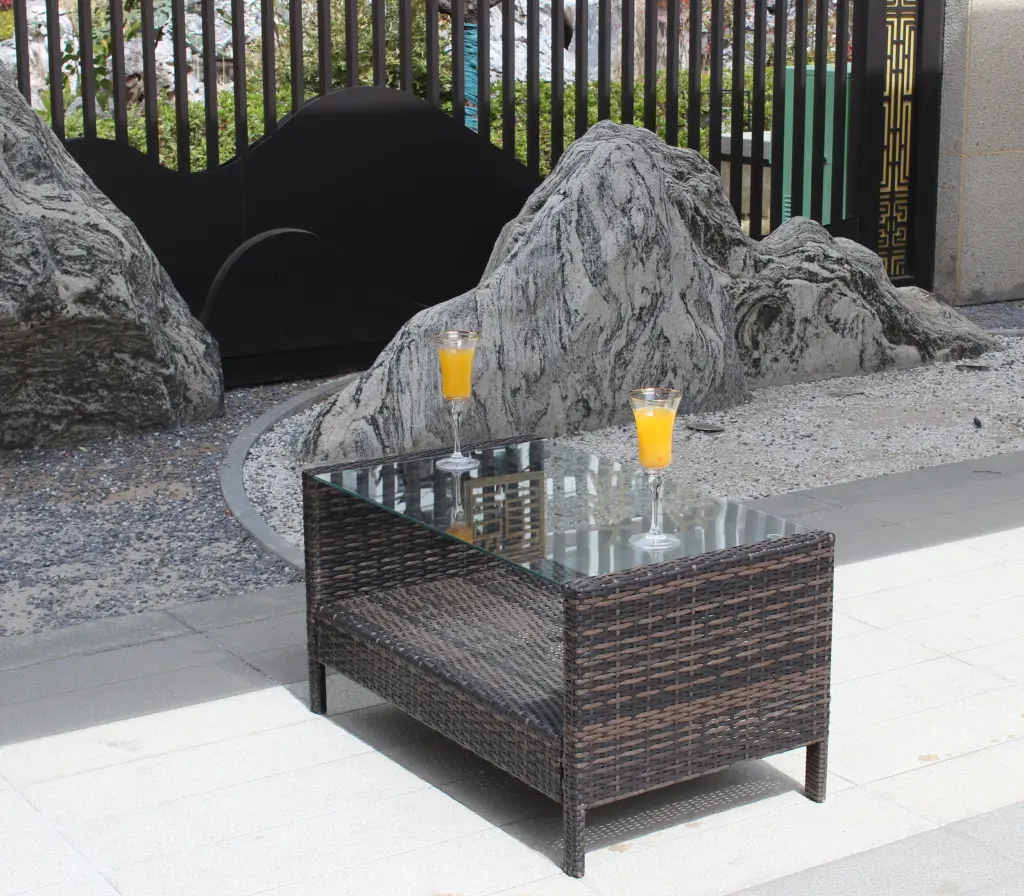 Outdoor Patio Coffee Table Clear Tempered Glass Brown Iron Frame rattan furniture