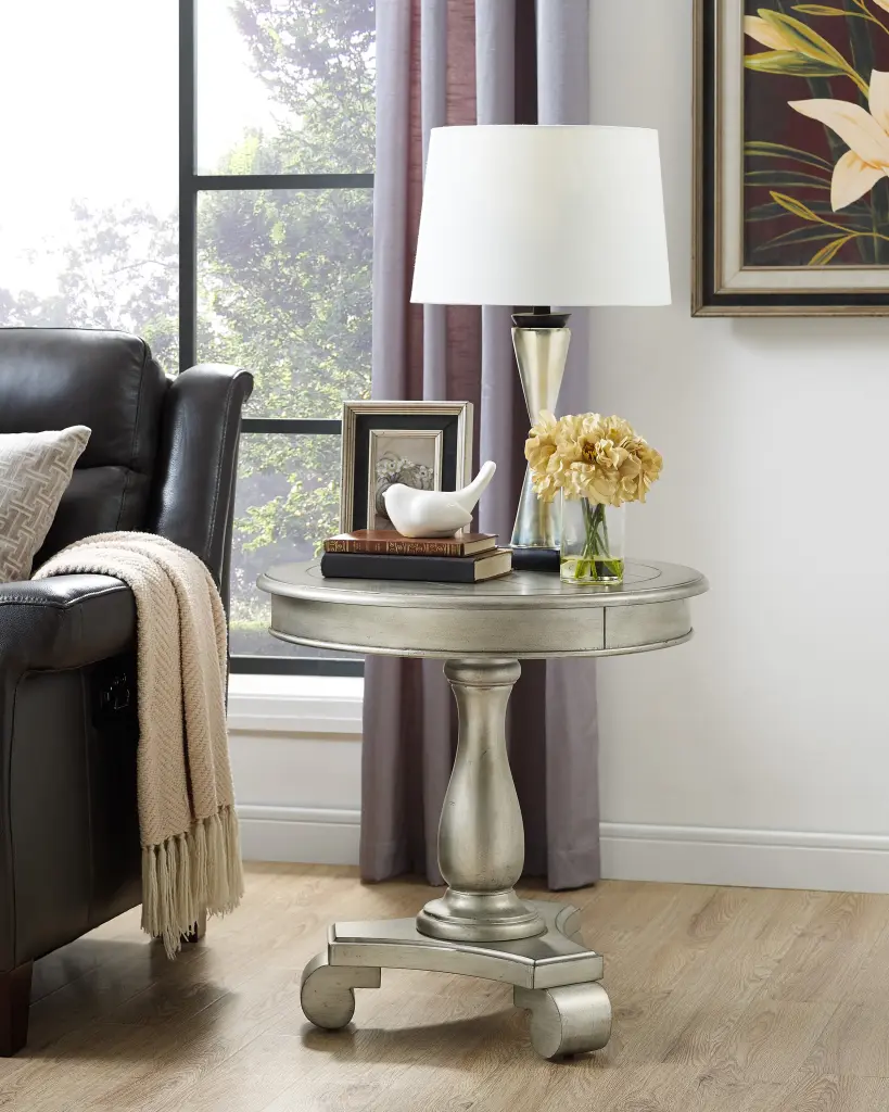 Rene Round Timber Pedestal Side Table Champagne Finish hz