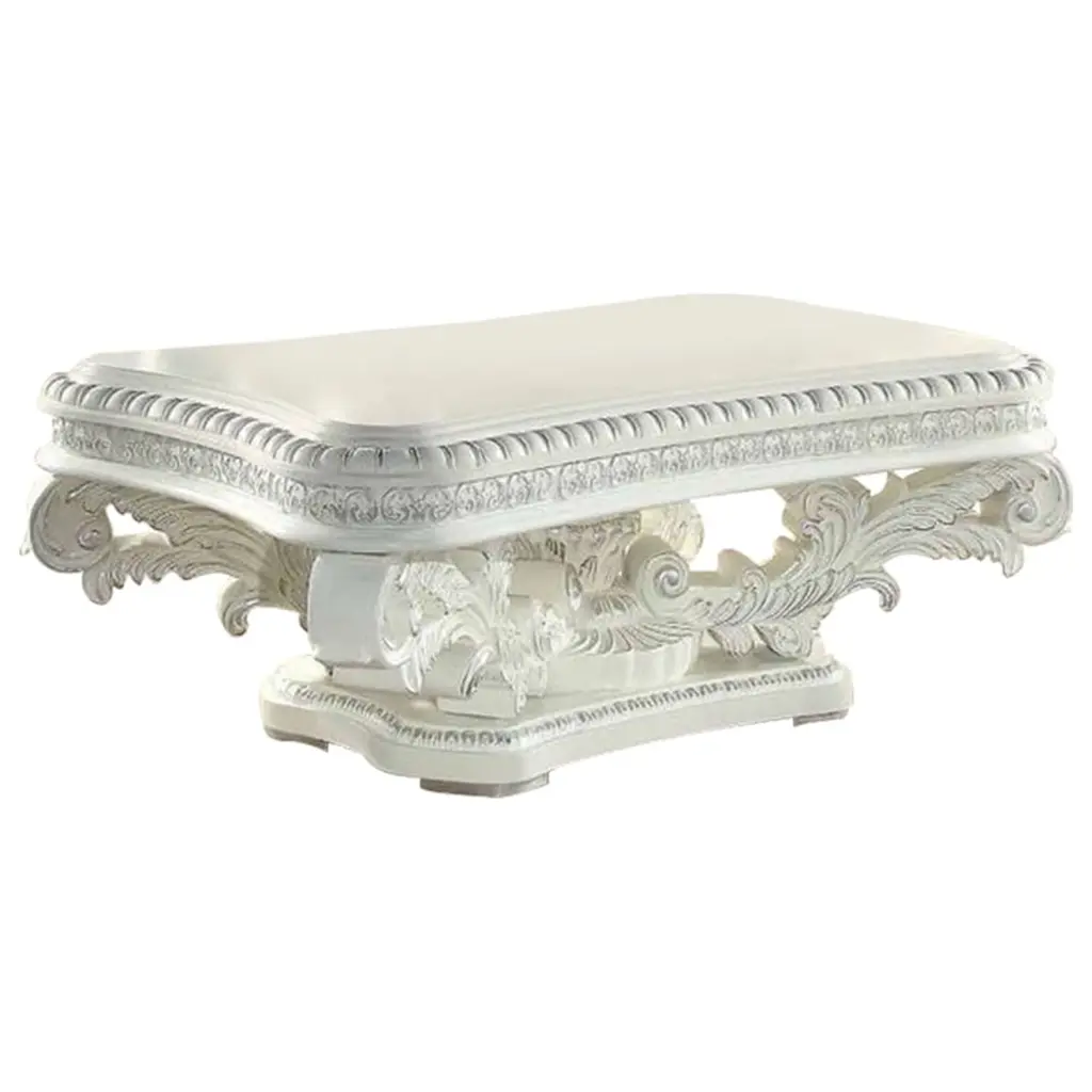 Kin 55 Inch White Coffee Table Raised Scrolled Pedestal and Ornate Motif Benzara