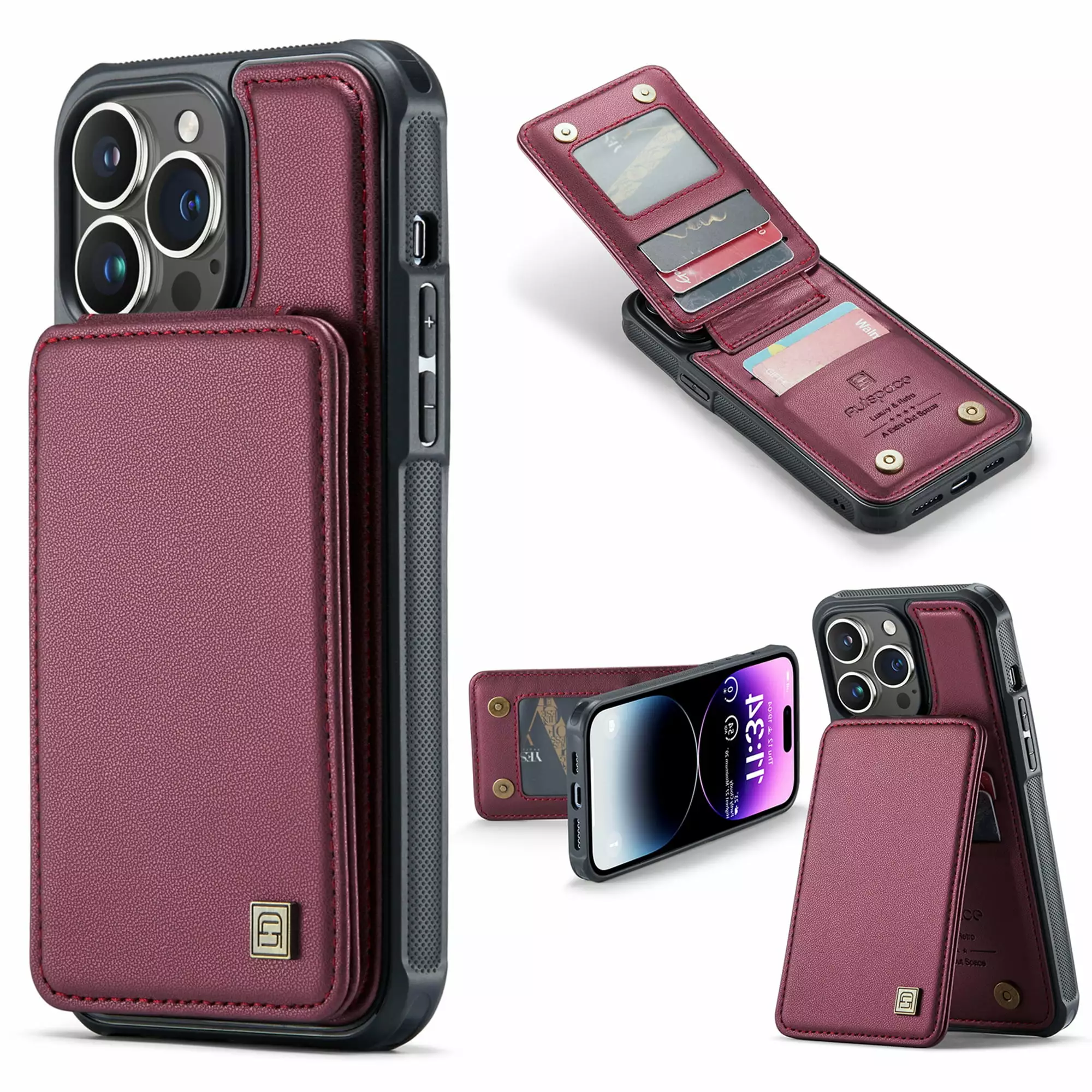 Dteck iPhone 13 Pro Max Case Card Holder RFID Blocking Durable Leather Kickstand Shockproof Wallet Case Red
