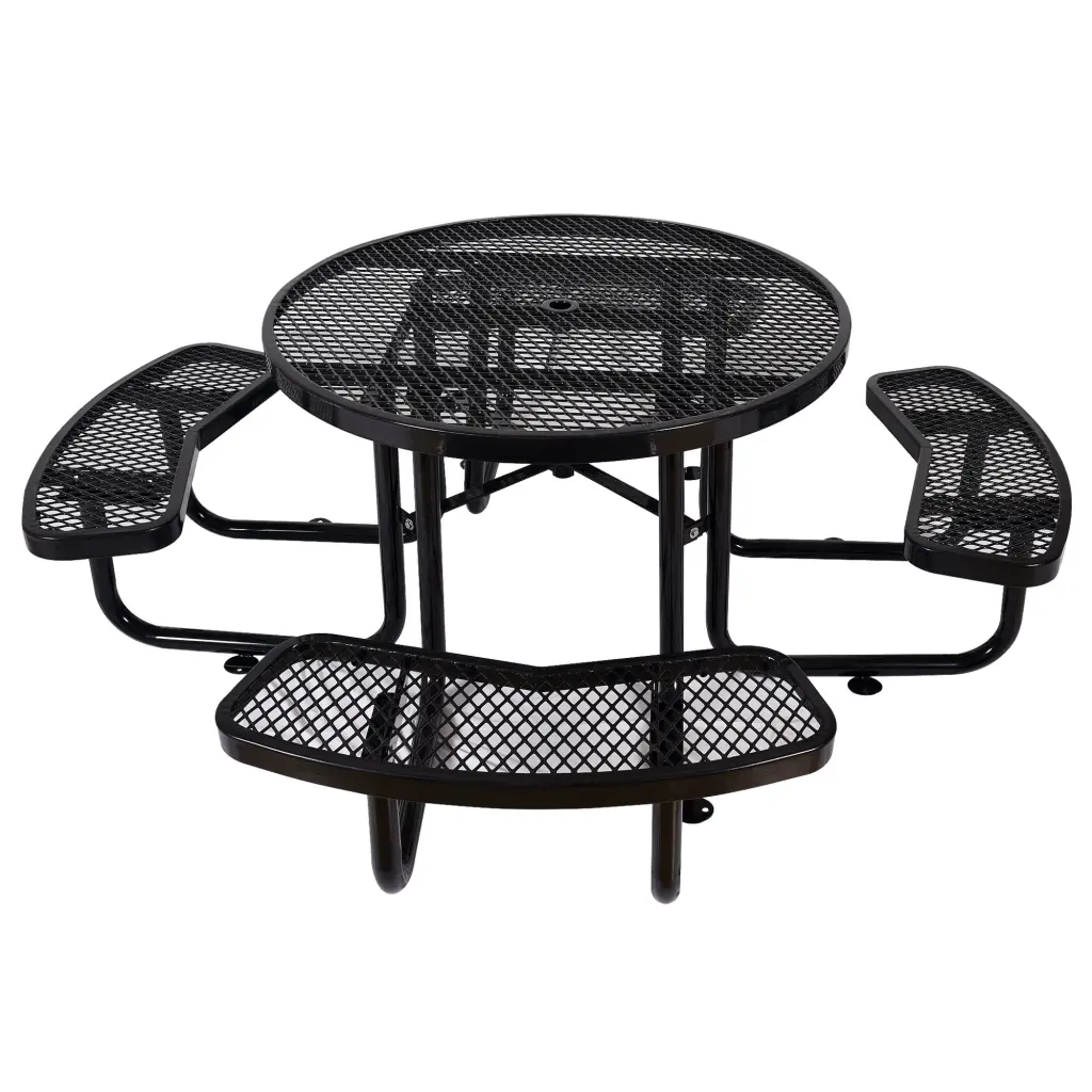 Round Outdoor Steel Picnic Table 46 Inch Black Umbrella Pole Black Patio Furniture g-h