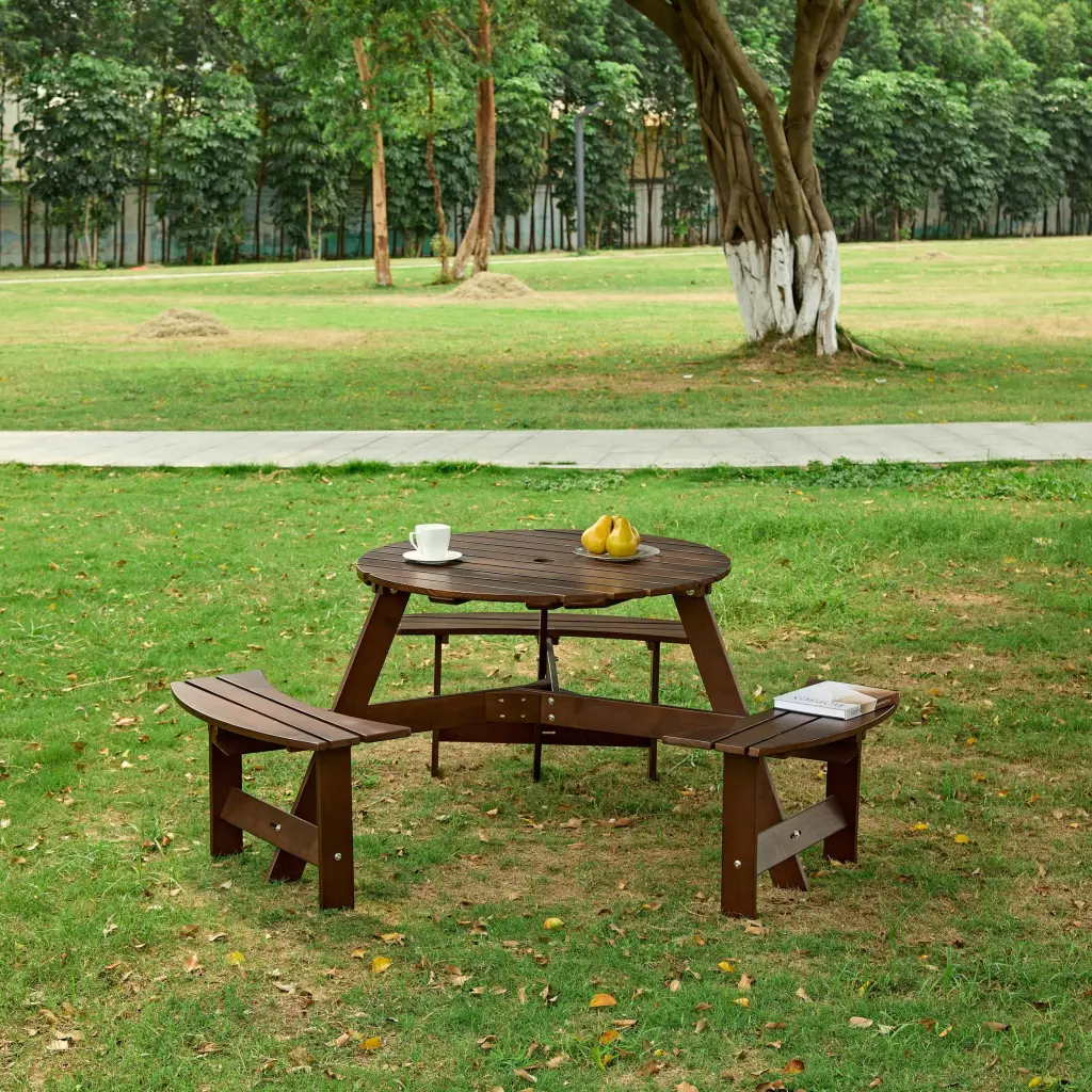 6 Person Outdoor Picnic Table - Round Garden Table 3 Built- Benches rnb