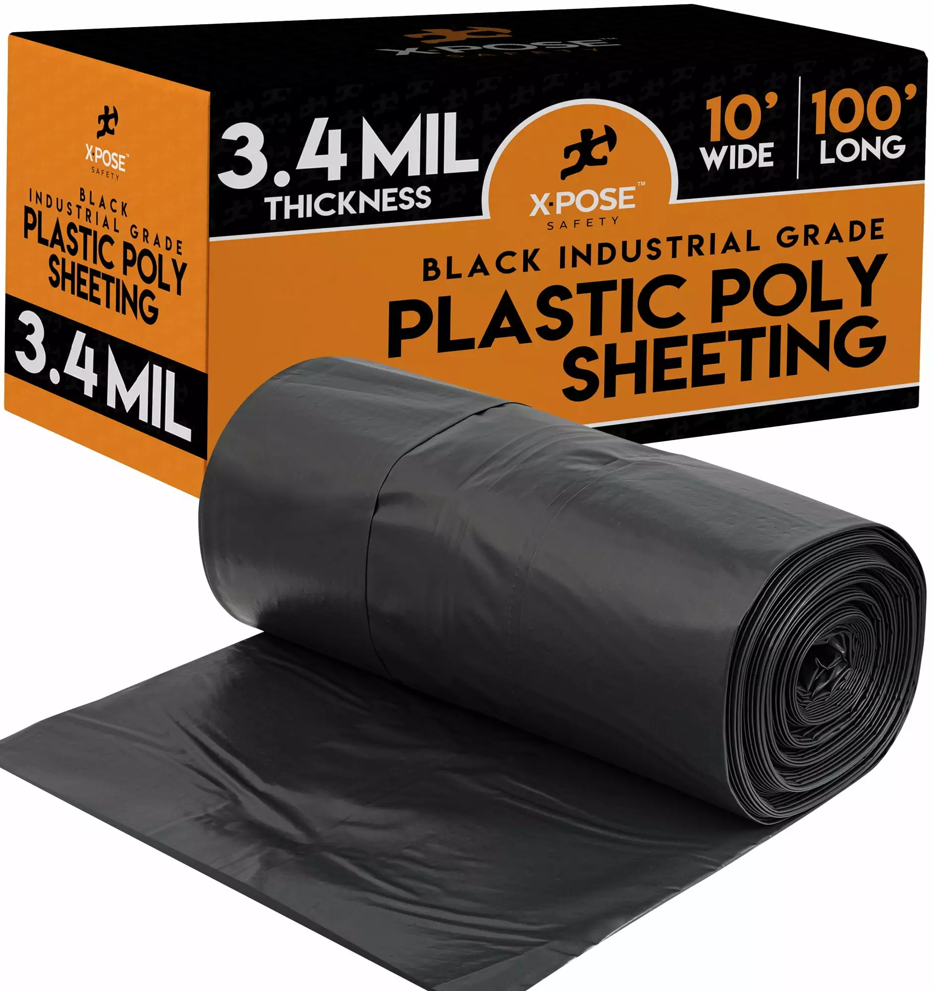 Xpose Safety 10x100 FT Heavy Duty 3.4 Mil Black Poly Sheeting Construction and Industrial Use 10