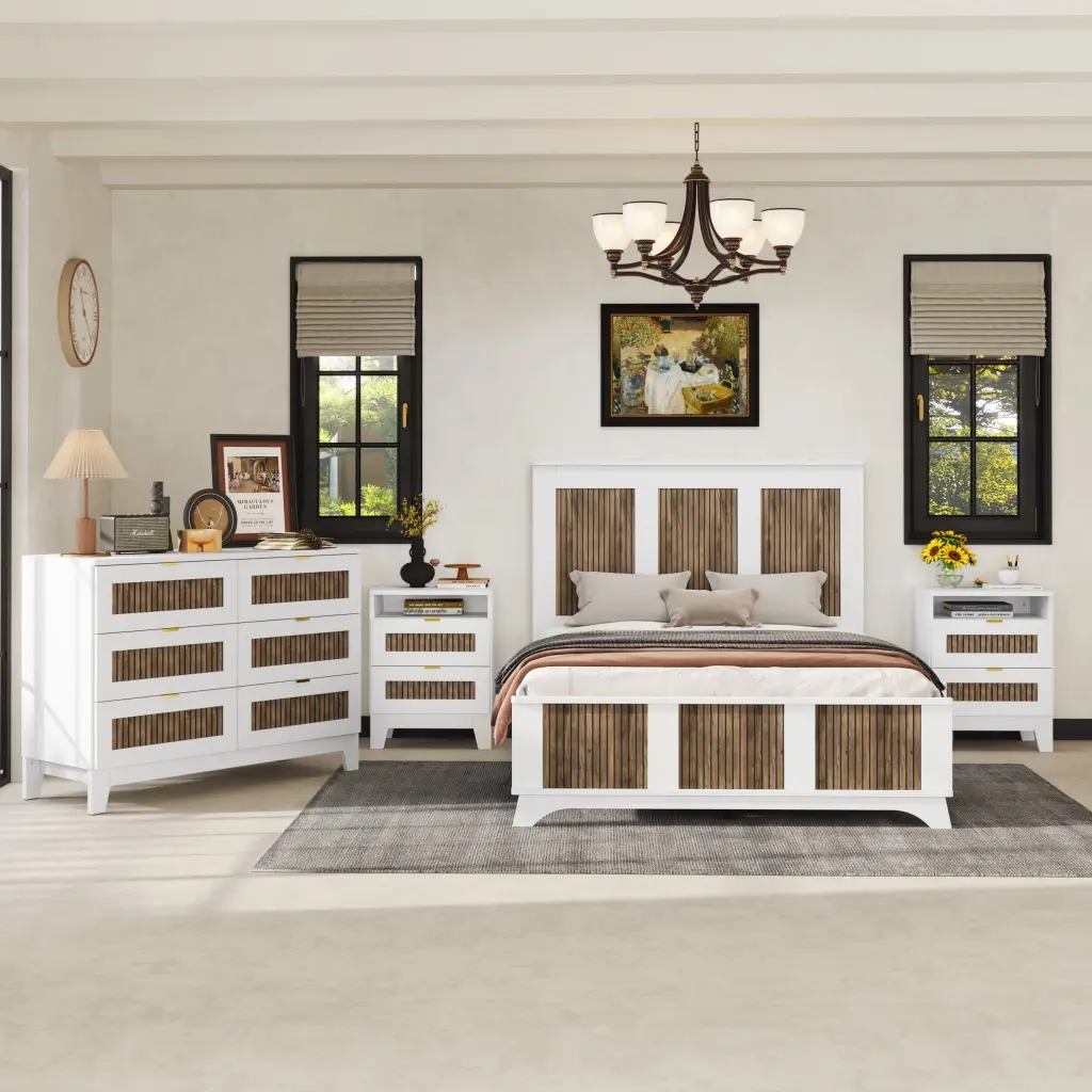 4 Piece Farmhouse Style Full Size Bedroom Set Wooden Platform Bed homey life