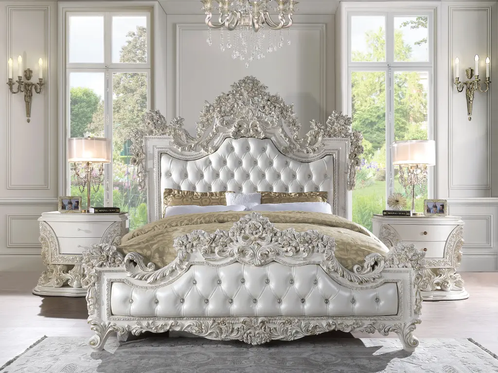 Adara Ek Bed Pearl White PU & Antique White Finish Platform Bed acme onsite store