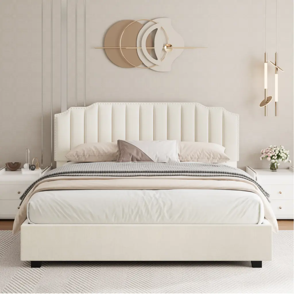 Lift Up Beige Velvet Full Size Bed Frame No Box Spring Required aobang furniture