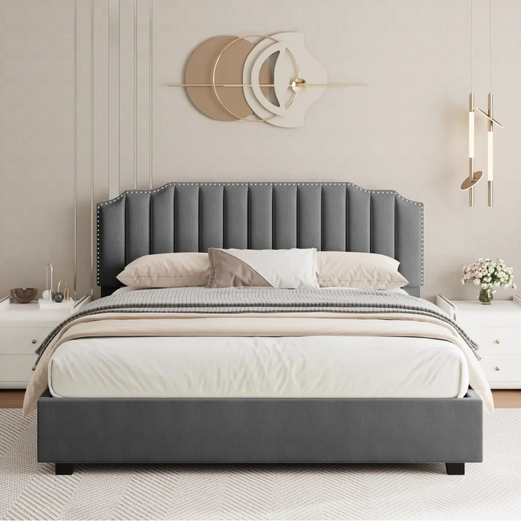 Lift Up Queen Size Velvet Bed Gray Box Spring Not Required aobang furniture